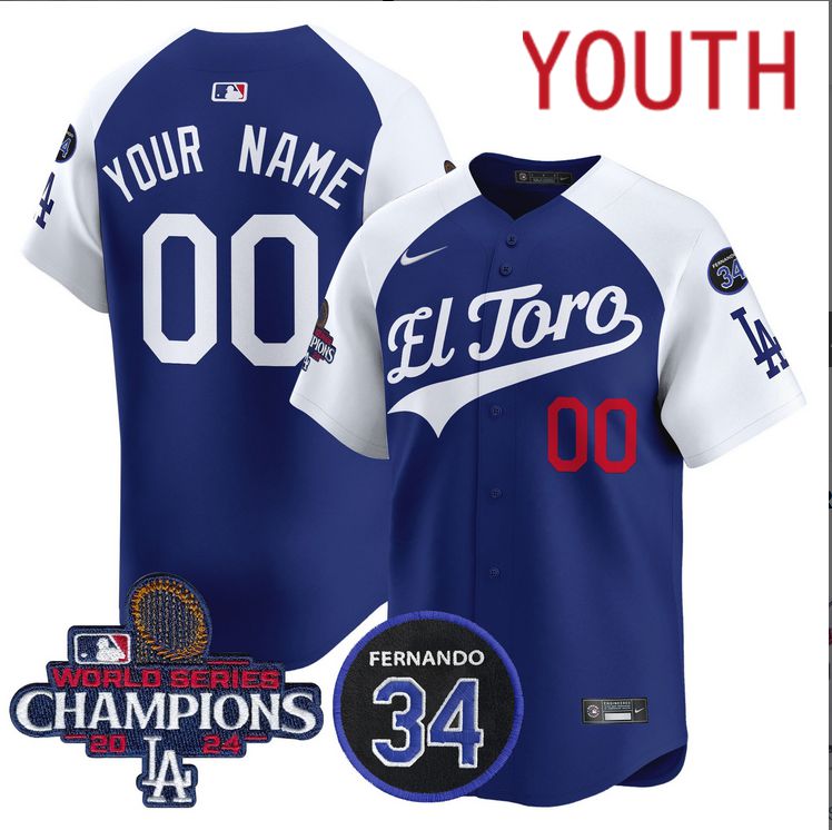 Youth MLB Los Angeles Dodgers Custom blue 2024 World Series Champions Patch Cooperstown Jersey ->youth mlb jersey->Youth Jersey